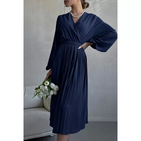 imagePRETTYGARDEN Womens Spring Midi Dress Long Puff Sleeve Wrap V Neck Flowy Ruffle Pleated Casual Fall DressesNavy