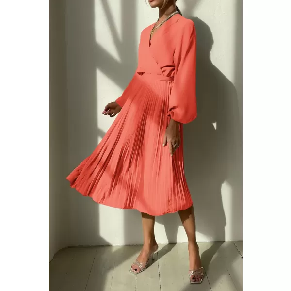 imagePRETTYGARDEN Womens Spring Midi Dress Long Puff Sleeve Wrap V Neck Flowy Ruffle Pleated Casual Fall DressesOrange