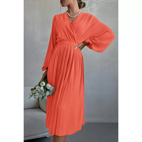 imagePRETTYGARDEN Womens Spring Midi Dress Long Puff Sleeve Wrap V Neck Flowy Ruffle Pleated Casual Fall DressesOrange