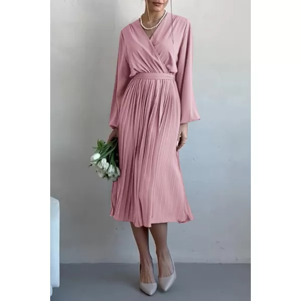 imagePRETTYGARDEN Womens Spring Midi Dress Long Puff Sleeve Wrap V Neck Flowy Ruffle Pleated Casual Fall DressesPink