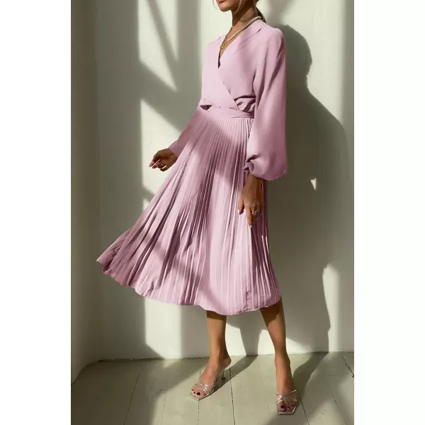 imagePRETTYGARDEN Womens Spring Midi Dress Long Puff Sleeve Wrap V Neck Flowy Ruffle Pleated Casual Fall DressesPink
