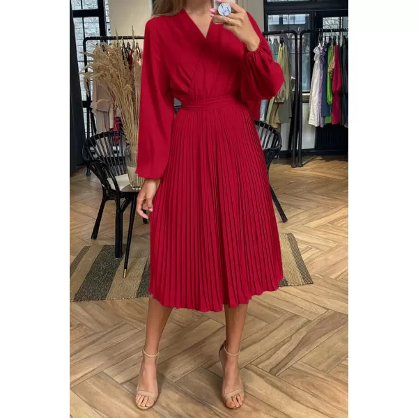 imagePRETTYGARDEN Womens Spring Midi Dress Long Puff Sleeve Wrap V Neck Flowy Ruffle Pleated Casual Fall DressesRed