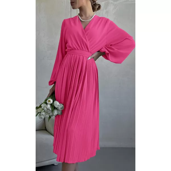 imagePRETTYGARDEN Womens Spring Midi Dress Long Puff Sleeve Wrap V Neck Flowy Ruffle Pleated Casual Fall DressesRose Red