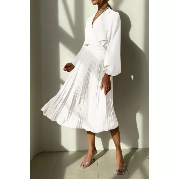 imagePRETTYGARDEN Womens Spring Midi Dress Long Puff Sleeve Wrap V Neck Flowy Ruffle Pleated Casual Fall DressesWhite