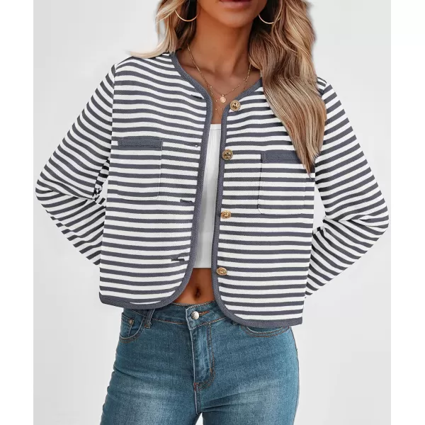 imagePRETTYGARDEN Womens Striped Cardigan Jacket Casual Long Sleeve Knit Button Down Shirts Fall Winter OuterwearGrey