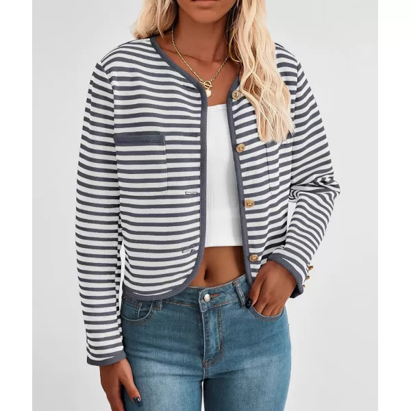imagePRETTYGARDEN Womens Striped Cardigan Jacket Casual Long Sleeve Knit Button Down Shirts Fall Winter OuterwearGrey