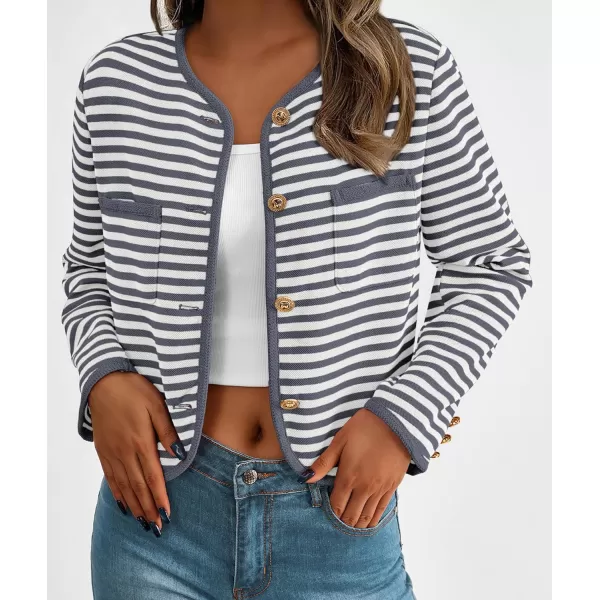 imagePRETTYGARDEN Womens Striped Cardigan Jacket Casual Long Sleeve Knit Button Down Shirts Fall Winter OuterwearGrey
