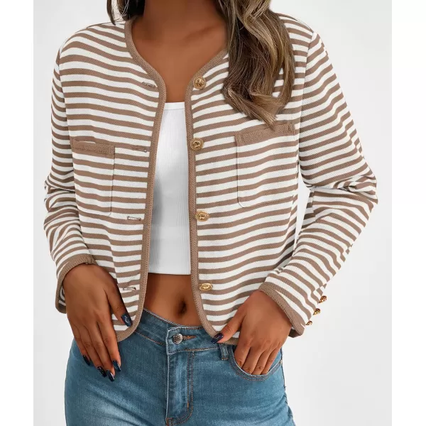 imagePRETTYGARDEN Womens Striped Cardigan Jacket Casual Long Sleeve Knit Button Down Shirts Fall Winter OuterwearKhaki