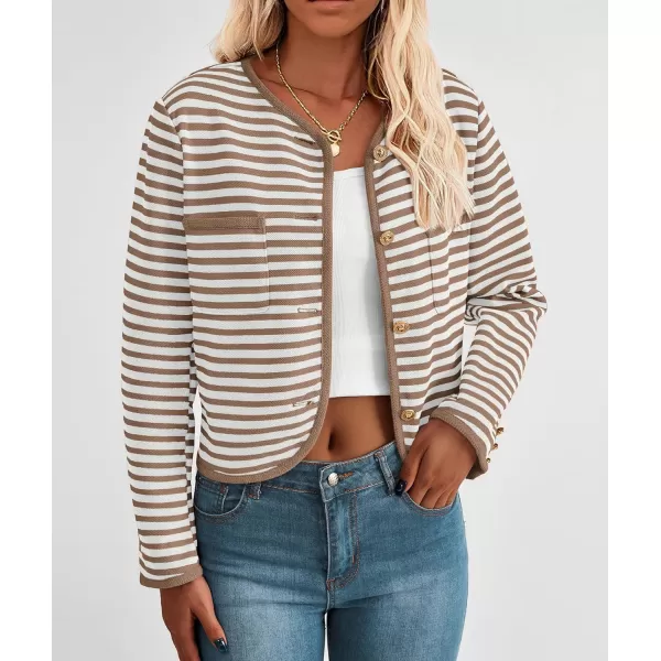 imagePRETTYGARDEN Womens Striped Cardigan Jacket Casual Long Sleeve Knit Button Down Shirts Fall Winter OuterwearKhaki