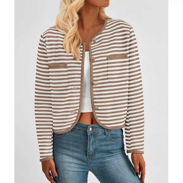 imagePRETTYGARDEN Womens Striped Cardigan Jacket Casual Long Sleeve Knit Button Down Shirts Fall Winter OuterwearKhaki