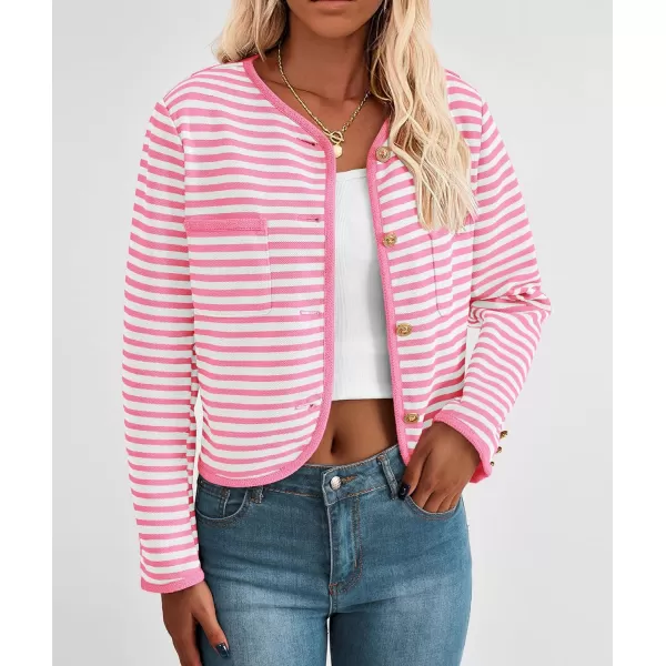 imagePRETTYGARDEN Womens Striped Cardigan Jacket Casual Long Sleeve Knit Button Down Shirts Fall Winter OuterwearPink