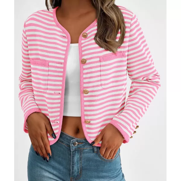 imagePRETTYGARDEN Womens Striped Cardigan Jacket Casual Long Sleeve Knit Button Down Shirts Fall Winter OuterwearPink