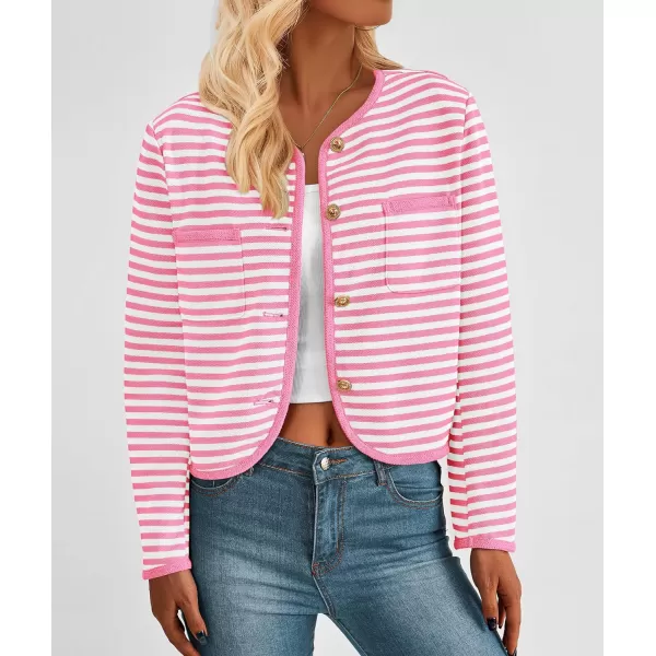 imagePRETTYGARDEN Womens Striped Cardigan Jacket Casual Long Sleeve Knit Button Down Shirts Fall Winter OuterwearPink