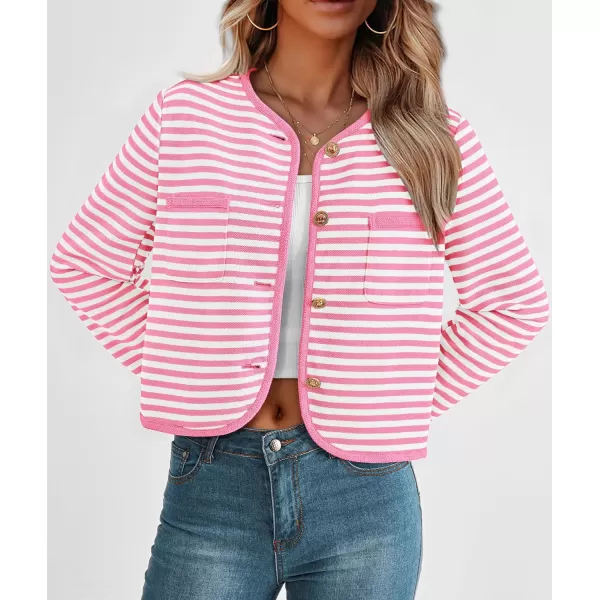 imagePRETTYGARDEN Womens Striped Cardigan Jacket Casual Long Sleeve Knit Button Down Shirts Fall Winter OuterwearPink