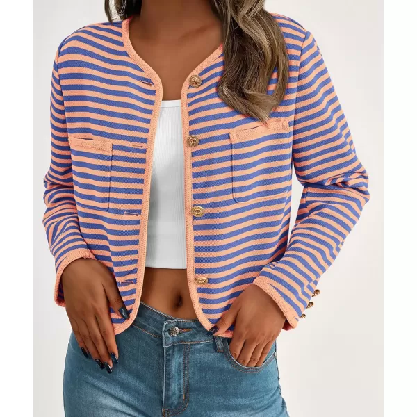 imagePRETTYGARDEN Womens Striped Cardigan Jacket Casual Long Sleeve Knit Button Down Shirts Fall Winter OuterwearStriped Orange Blue