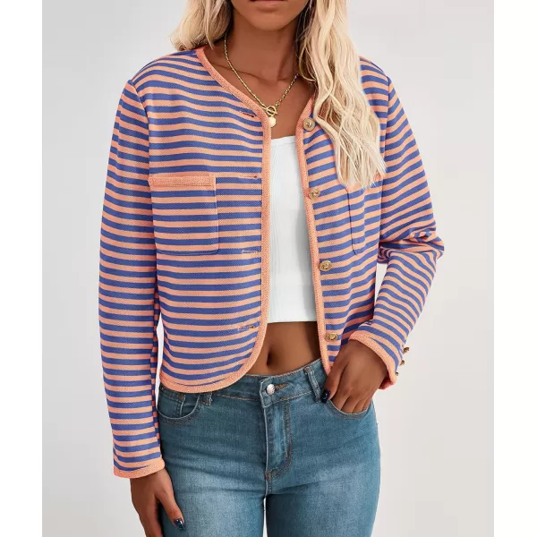 imagePRETTYGARDEN Womens Striped Cardigan Jacket Casual Long Sleeve Knit Button Down Shirts Fall Winter OuterwearStriped Orange Blue