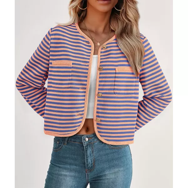 imagePRETTYGARDEN Womens Striped Cardigan Jacket Casual Long Sleeve Knit Button Down Shirts Fall Winter OuterwearStriped Orange Blue