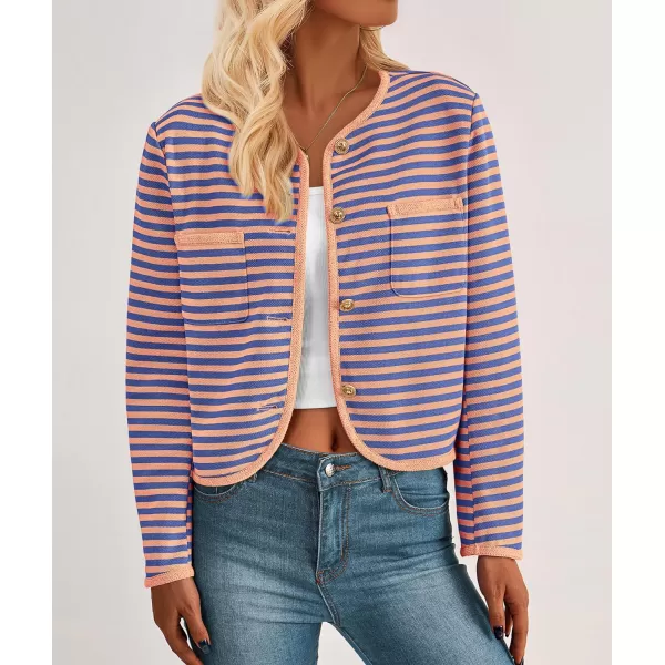 imagePRETTYGARDEN Womens Striped Cardigan Jacket Casual Long Sleeve Knit Button Down Shirts Fall Winter OuterwearStriped Orange Blue