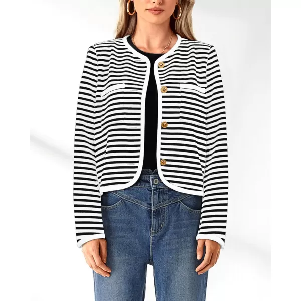 imagePRETTYGARDEN Womens Striped Cardigan Jacket Casual Long Sleeve Knit Button Down Shirts Fall Winter OuterwearWhite