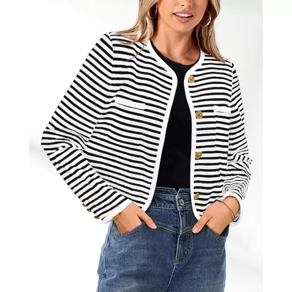 imagePRETTYGARDEN Womens Striped Cardigan Jacket Casual Long Sleeve Knit Button Down Shirts Fall Winter OuterwearWhite