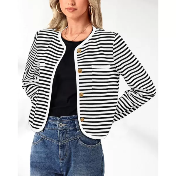 imagePRETTYGARDEN Womens Striped Cardigan Jacket Casual Long Sleeve Knit Button Down Shirts Fall Winter OuterwearWhite