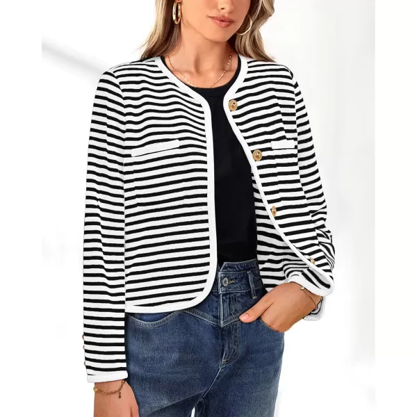 imagePRETTYGARDEN Womens Striped Cardigan Jacket Casual Long Sleeve Knit Button Down Shirts Fall Winter OuterwearWhite