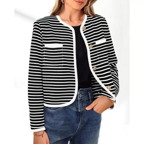 imagePRETTYGARDEN Womens Striped Cardigan Jacket Casual Long Sleeve Knit Button Down Shirts Fall Winter OuterwearWide Striped Black