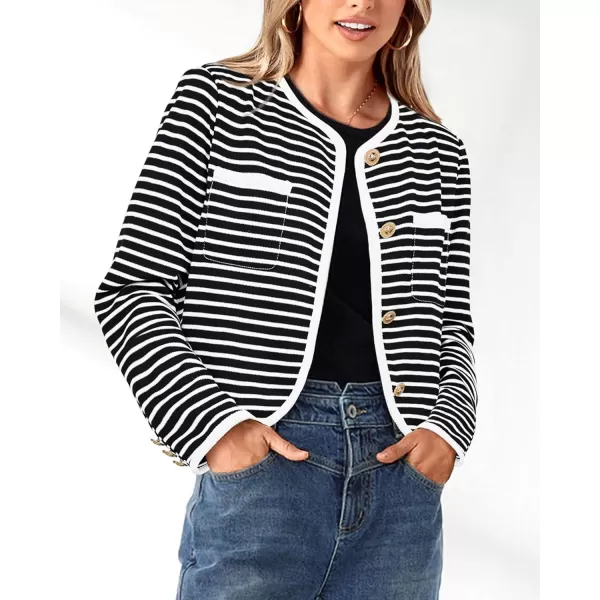 imagePRETTYGARDEN Womens Striped Cardigan Jacket Casual Long Sleeve Knit Button Down Shirts Fall Winter OuterwearWide Striped Black