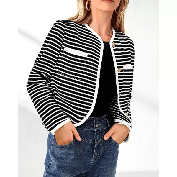 imagePRETTYGARDEN Womens Striped Cardigan Jacket Casual Long Sleeve Knit Button Down Shirts Fall Winter OuterwearWide Striped Black