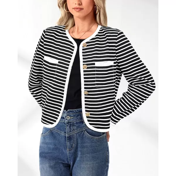 imagePRETTYGARDEN Womens Striped Cardigan Jacket Casual Long Sleeve Knit Button Down Shirts Fall Winter OuterwearWide Striped Black
