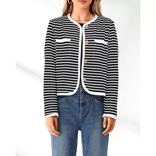 imagePRETTYGARDEN Womens Striped Cardigan Jacket Casual Long Sleeve Knit Button Down Shirts Fall Winter OuterwearWide Striped Black
