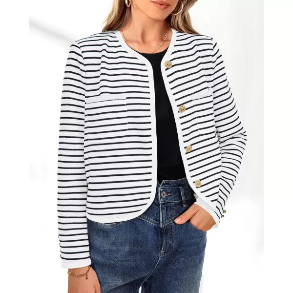 imagePRETTYGARDEN Womens Striped Cardigan Jacket Casual Long Sleeve Knit Button Down Shirts Fall Winter OuterwearWide Striped White