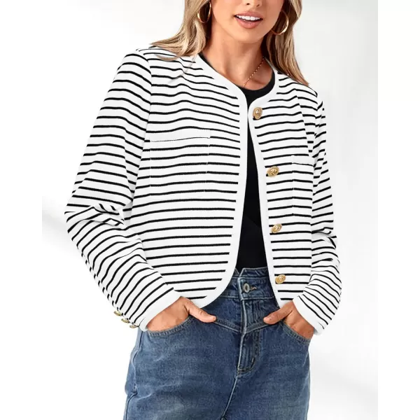 imagePRETTYGARDEN Womens Striped Cardigan Jacket Casual Long Sleeve Knit Button Down Shirts Fall Winter OuterwearWide Striped White
