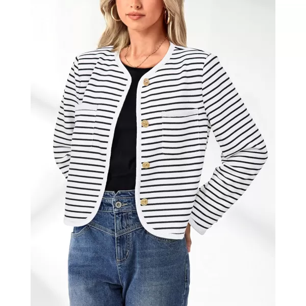 imagePRETTYGARDEN Womens Striped Cardigan Jacket Casual Long Sleeve Knit Button Down Shirts Fall Winter OuterwearWide Striped White