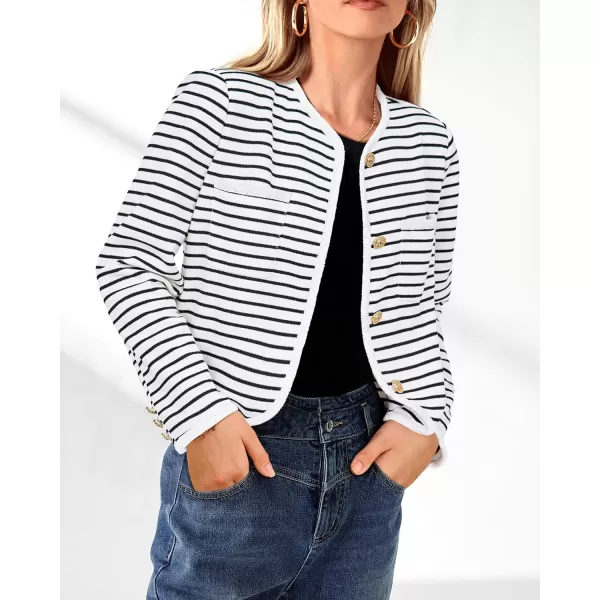 imagePRETTYGARDEN Womens Striped Cardigan Jacket Casual Long Sleeve Knit Button Down Shirts Fall Winter OuterwearWide Striped White