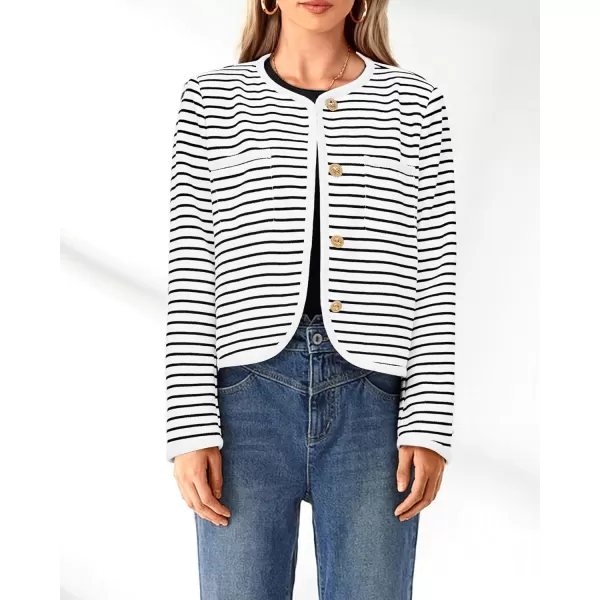imagePRETTYGARDEN Womens Striped Cardigan Jacket Casual Long Sleeve Knit Button Down Shirts Fall Winter OuterwearWide Striped White