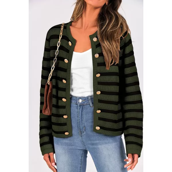 imagePRETTYGARDEN Womens Striped Cardigan Sweaters Ribbed Knit Long Sleeve Open Front Crewneck Casual JacketsArmy Green
