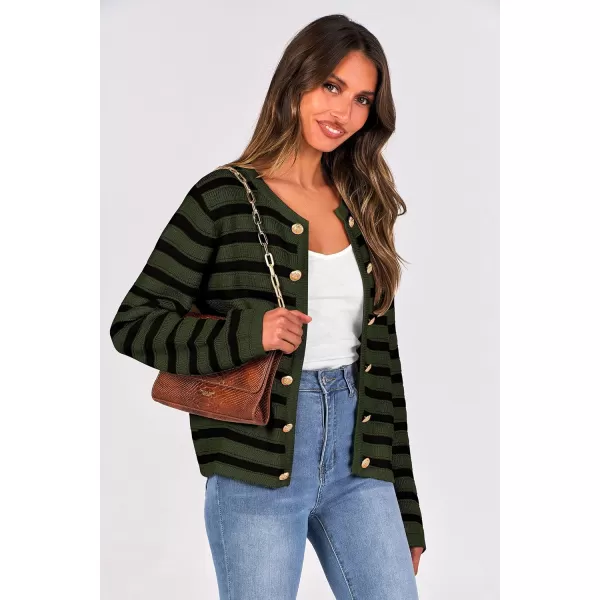 imagePRETTYGARDEN Womens Striped Cardigan Sweaters Ribbed Knit Long Sleeve Open Front Crewneck Casual JacketsArmy Green