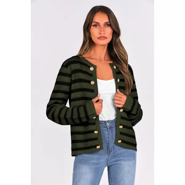 imagePRETTYGARDEN Womens Striped Cardigan Sweaters Ribbed Knit Long Sleeve Open Front Crewneck Casual JacketsArmy Green