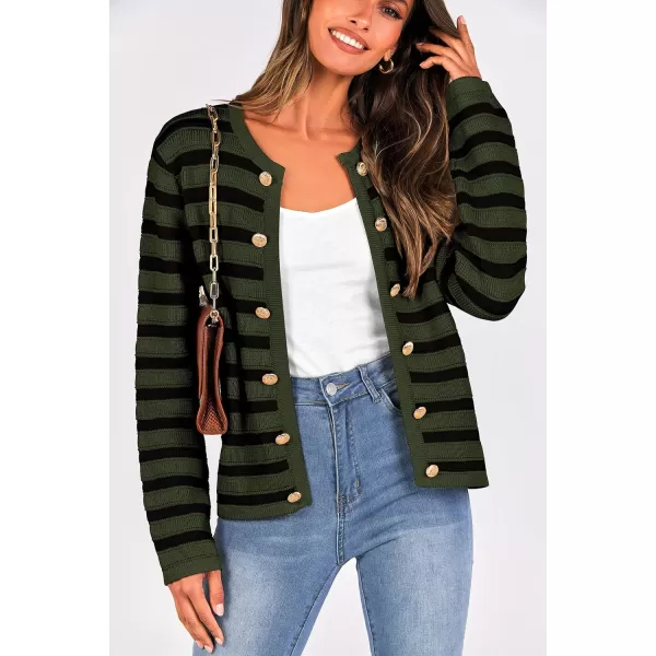 imagePRETTYGARDEN Womens Striped Cardigan Sweaters Ribbed Knit Long Sleeve Open Front Crewneck Casual JacketsArmy Green