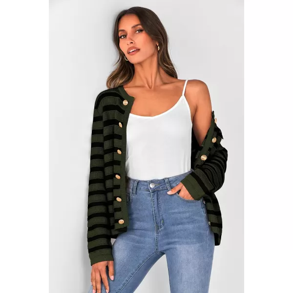 imagePRETTYGARDEN Womens Striped Cardigan Sweaters Ribbed Knit Long Sleeve Open Front Crewneck Casual JacketsArmy Green