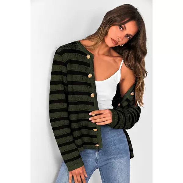 imagePRETTYGARDEN Womens Striped Cardigan Sweaters Ribbed Knit Long Sleeve Open Front Crewneck Casual JacketsArmy Green