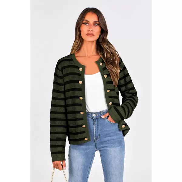 imagePRETTYGARDEN Womens Striped Cardigan Sweaters Ribbed Knit Long Sleeve Open Front Crewneck Casual JacketsArmy Green