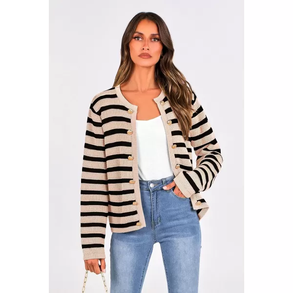 imagePRETTYGARDEN Womens Striped Cardigan Sweaters Ribbed Knit Long Sleeve Open Front Crewneck Casual JacketsBeige