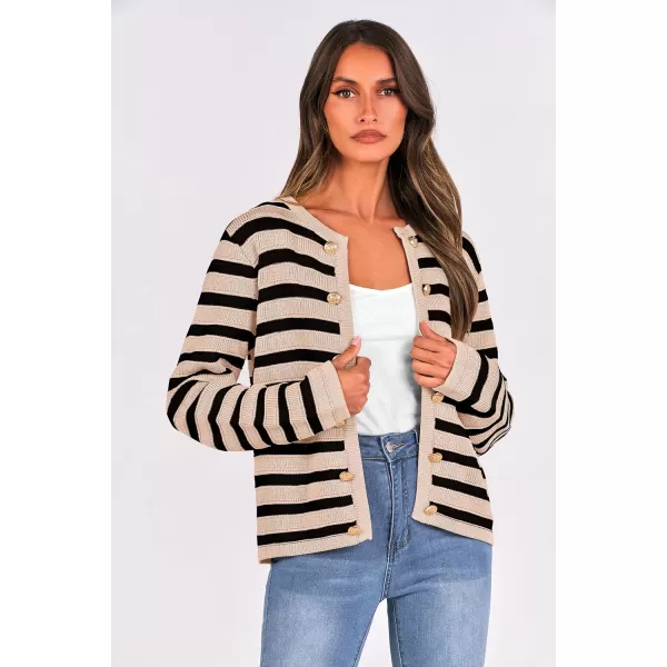 imagePRETTYGARDEN Womens Striped Cardigan Sweaters Ribbed Knit Long Sleeve Open Front Crewneck Casual JacketsBeige