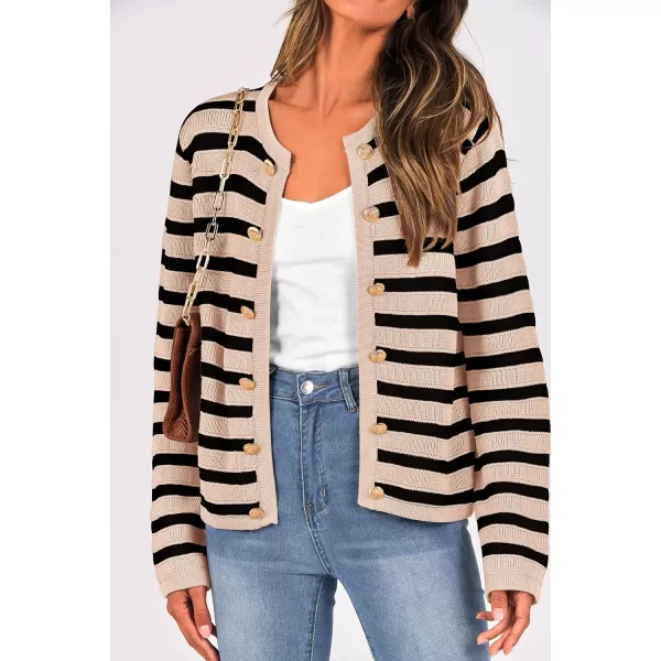 imagePRETTYGARDEN Womens Striped Cardigan Sweaters Ribbed Knit Long Sleeve Open Front Crewneck Casual JacketsBeige