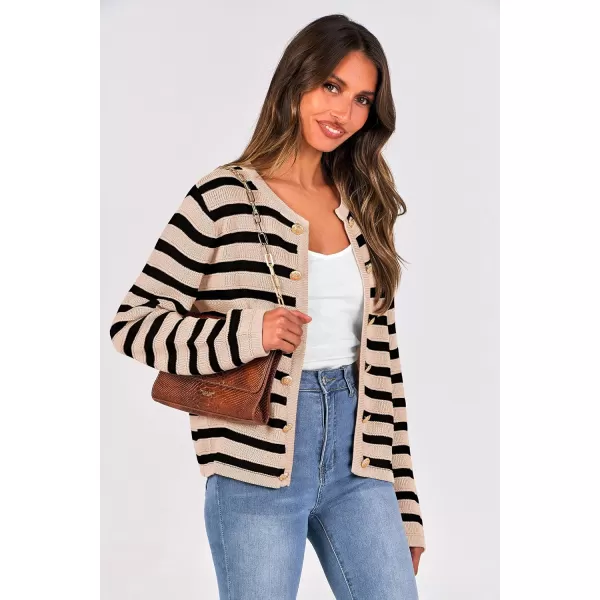imagePRETTYGARDEN Womens Striped Cardigan Sweaters Ribbed Knit Long Sleeve Open Front Crewneck Casual JacketsBeige