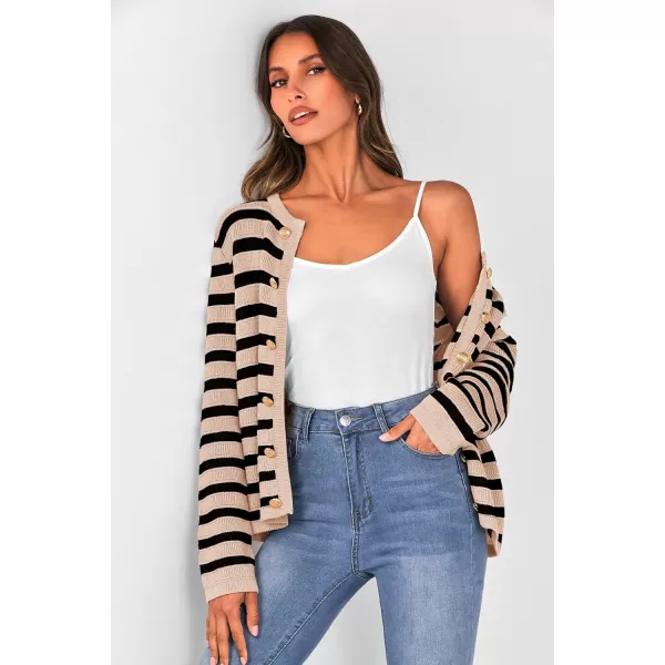 imagePRETTYGARDEN Womens Striped Cardigan Sweaters Ribbed Knit Long Sleeve Open Front Crewneck Casual JacketsBeige