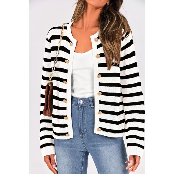 imagePRETTYGARDEN Womens Striped Cardigan Sweaters Ribbed Knit Long Sleeve Open Front Crewneck Casual JacketsBlack