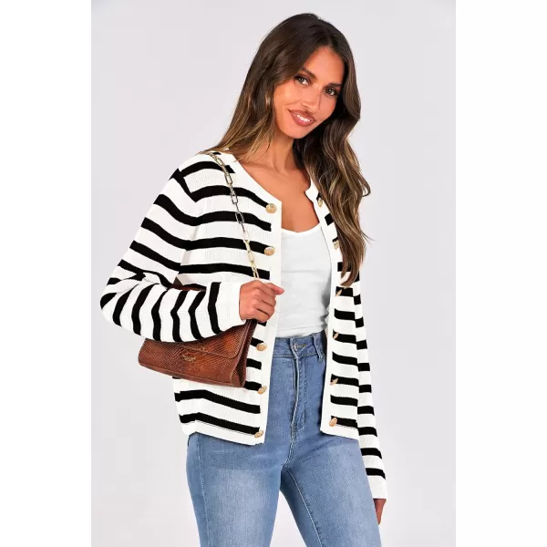 imagePRETTYGARDEN Womens Striped Cardigan Sweaters Ribbed Knit Long Sleeve Open Front Crewneck Casual JacketsBlack